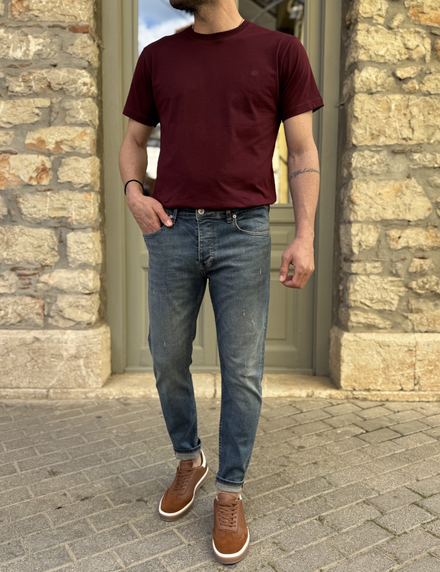 Ανδρικό Slim μπλε με φθορές τζιν παντελόνι πεντάτσεπο με κουμπιά 3LN471 φωτογραφία